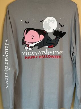 Vineyard Vines Gray Vampire Whale Halloween Long Sleeve Tee Size M